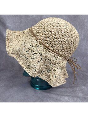 Womens Jane & Berry Paper Straw Hat Floppy Wide Brim Ribbon Beach Sun M/L